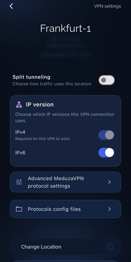 VPN settings with the Split tunneling switch