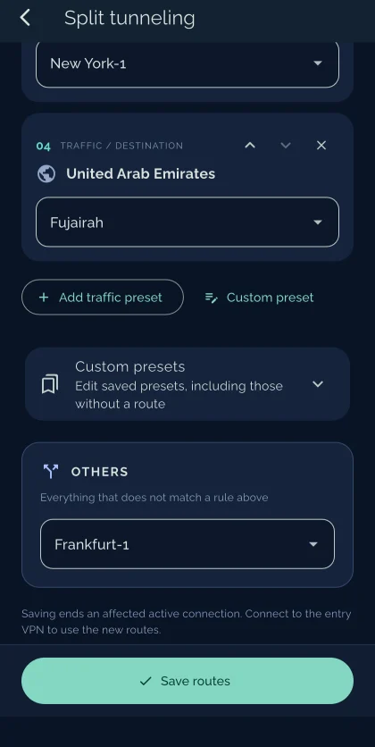 The lower part of the split tunneling screen with custom presets and the Others route