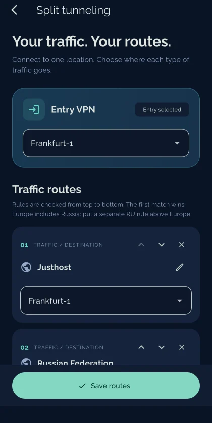 The split tunneling screen showing the entry VPN and the first traffic routes